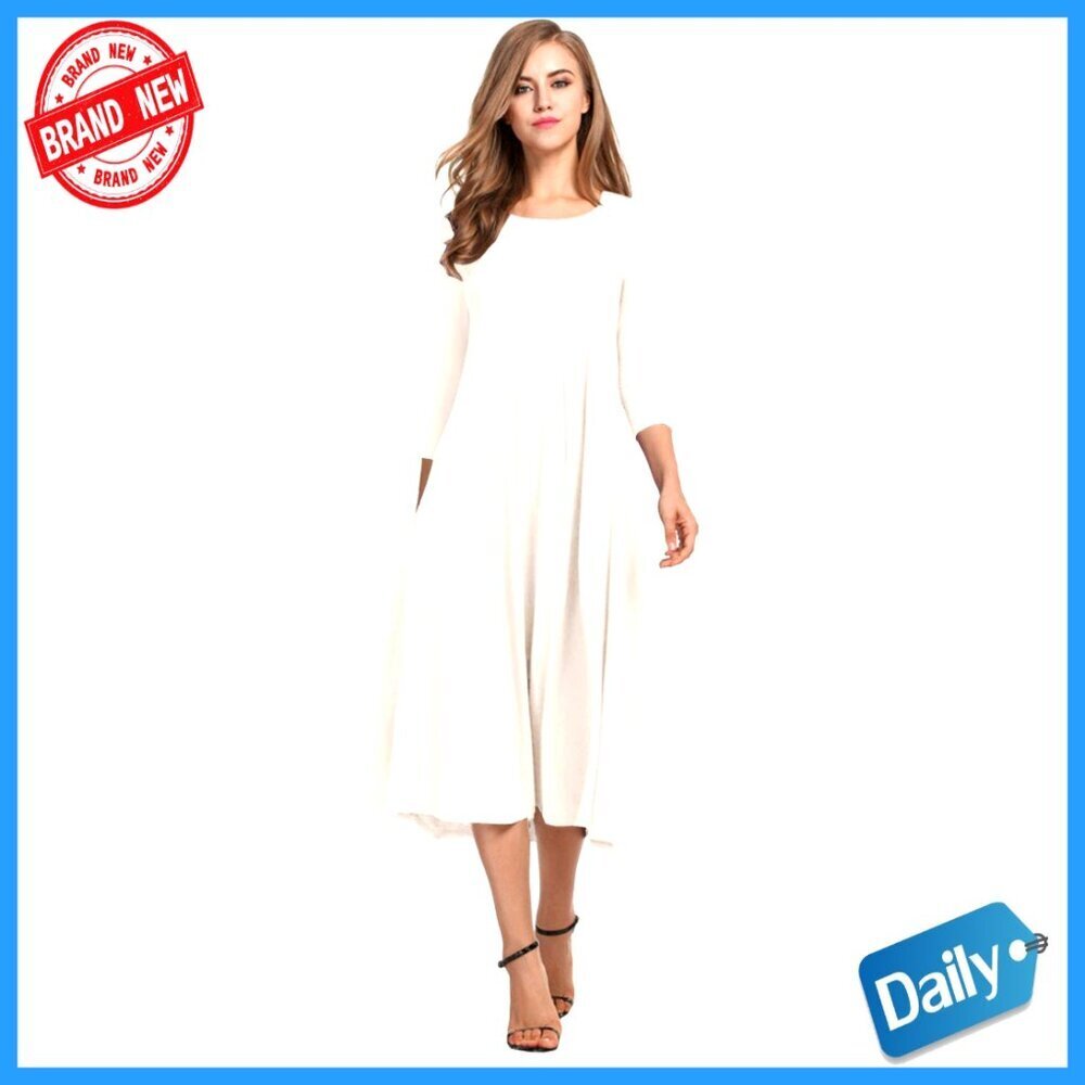Rayon Spandex 3/4 Sleeve A-Line Flare Midi Dress Casual Loose Fit